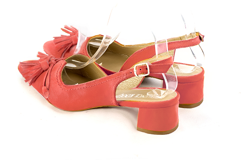 Coral orange women's open back shoes, with a knot. Tapered toe. Low flare heels. Rear view - Florence KOOIJMAN